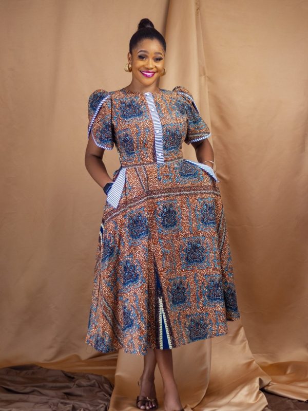 Elegant Flared Dress with Striped Accents, Flared, Cotton, Multicolour, from the Threads Together collection, for smart casual, work, Rin...