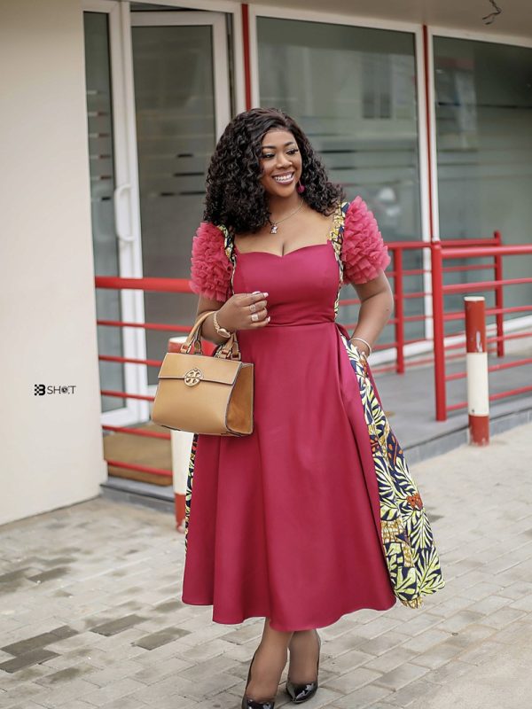 Elegant Sleeve Dress With Print Insert, Waist Flare, Cotton; Wax Print, Burgundy, from the Threads Together collection, for wedding guest...
