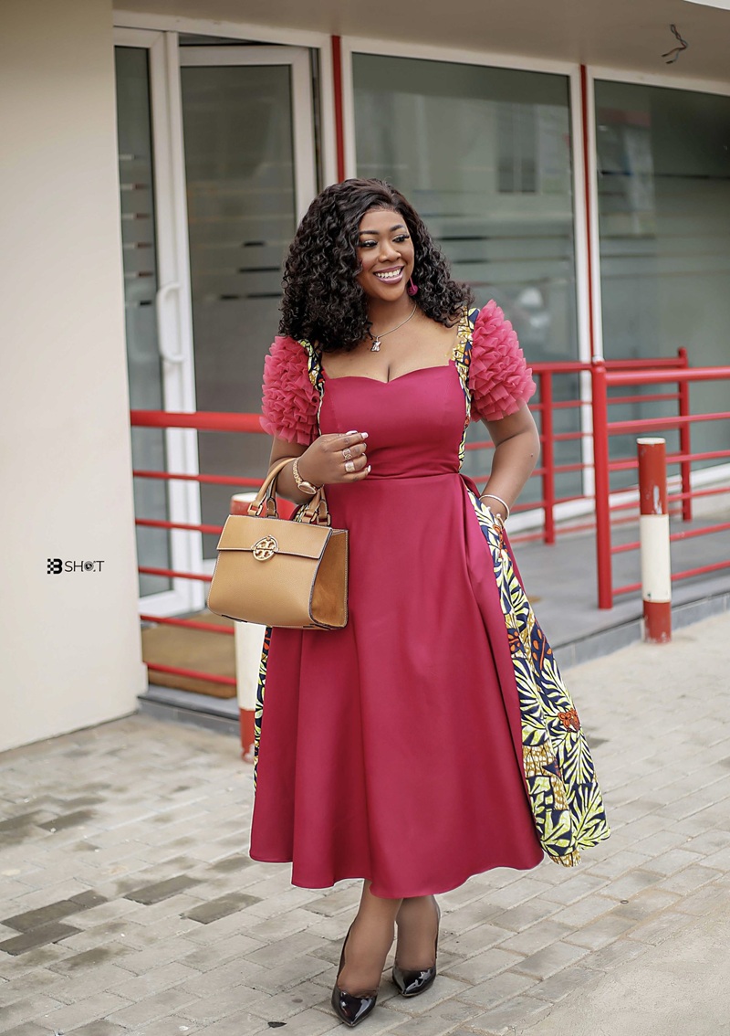 Elegant Sleeve Dress With Print Insert, Waist Flare, Cotton; Wax Print, Burgundy, from the Threads Together collection, for wedding guest...