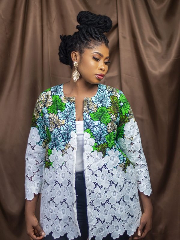 Lace and Print Blazer, Blazer, Lace; Wax Print, Black, from the Threads Together collection, for evening, cocktail, Rina Depont blazer, G...