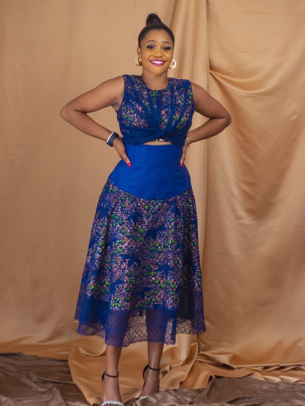 Mid Section Flared Dress, Flared, Cotton; Wax Print, Navy, from the Threads Together collection, for smart casual, work, Rina Depont dres...