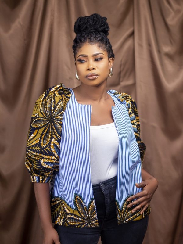 Striped and Print Blazer with Beading (Blue), Blazer, Mixed fabrics: Cotton blend; Wax Print; Beading, Blue, from the Threads Together co...