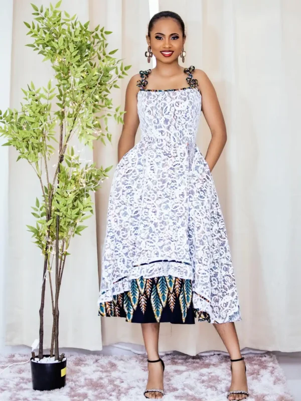 Lace Dress With Print Flowered Strap (Different Wax Print Available)