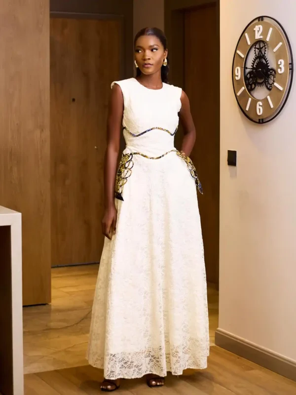 Elegant Full Length Dress with Intricate Details (Off White)